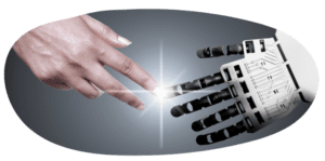a hand touching a robot hand
