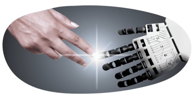a hand touching a robot hand