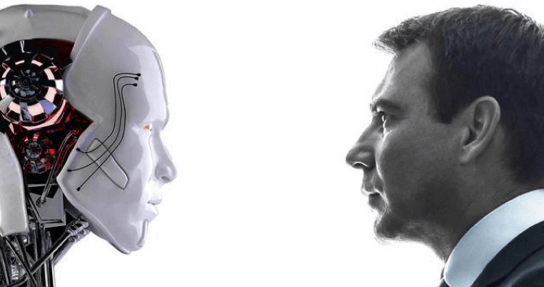 image of a robot and a human face to face
