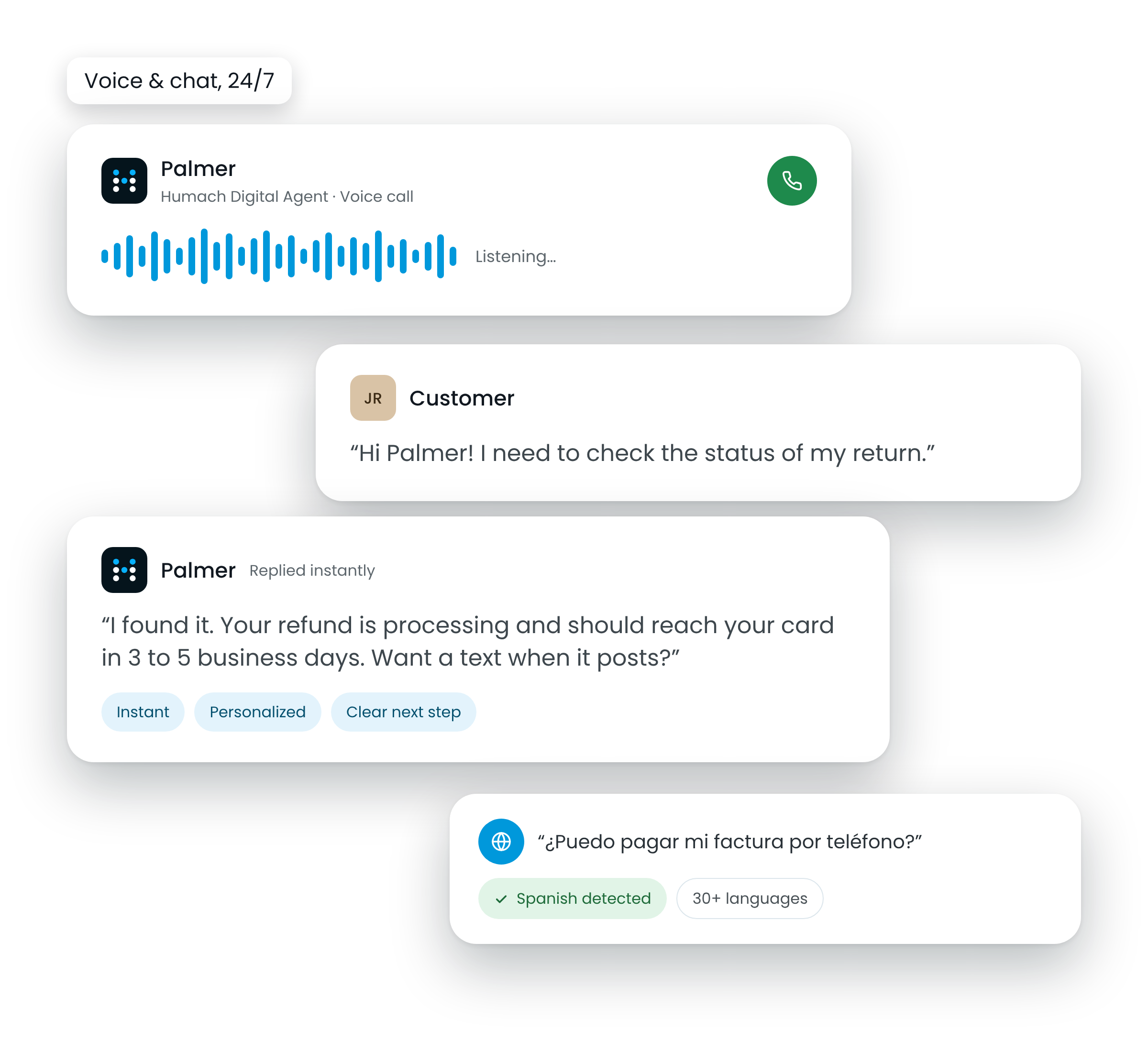 Humach Digital Agent handling a voice call and a chat conversation, replying instantly and detecting Spanish