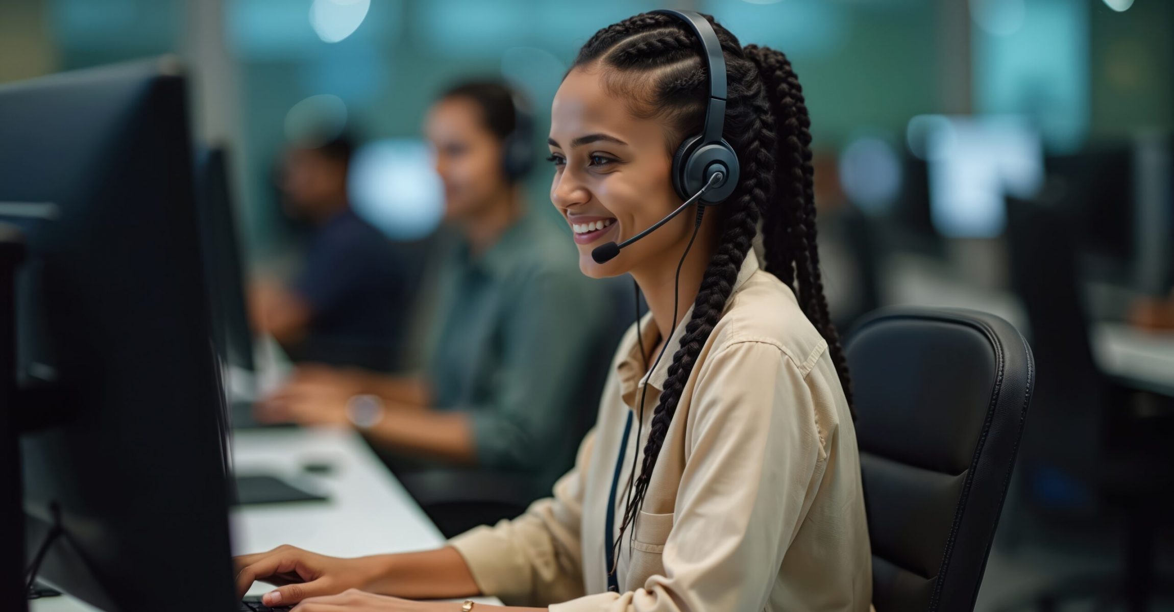 Humach AI Whisperer Smiling woman works at call center. Client service operator in headset types on keyboard. Indian girl answers calls, provides tech support. Help desk worker gives assistance consulting clients.