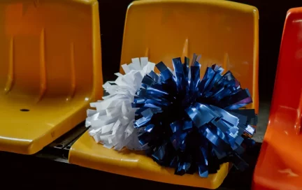image of bleachers with a pair of blue pom pom's
